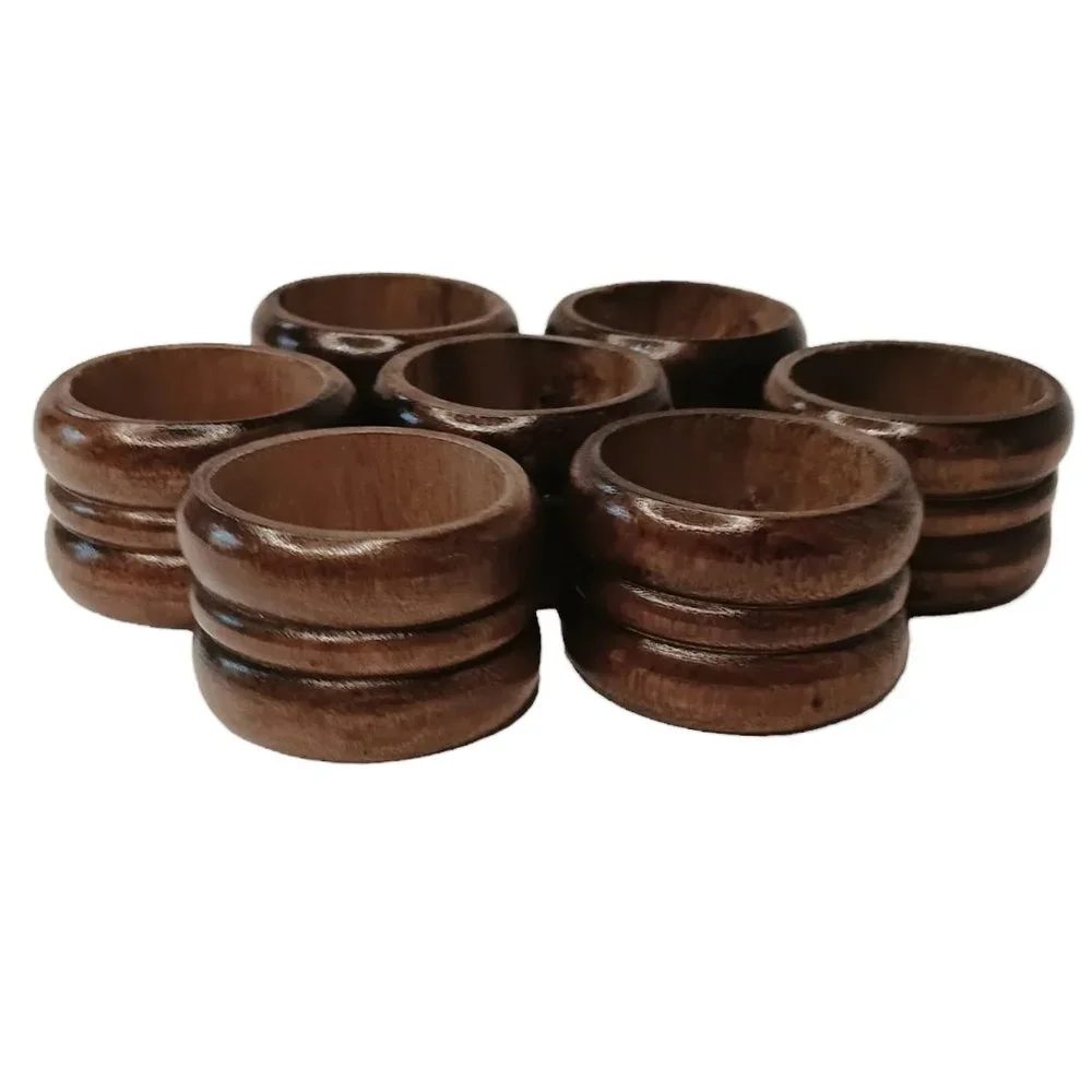 Wood Napkin Rings Brown Set Of Seven Carved Ribbed Boho Style